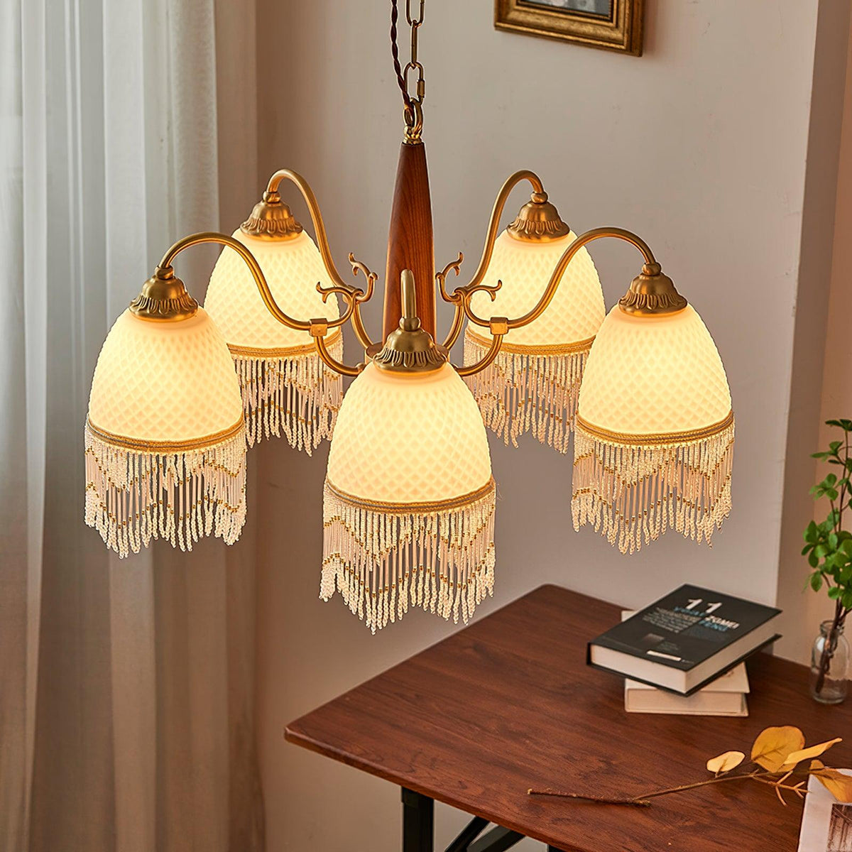 Lustre Dauphin en verre et bois – vue 4
